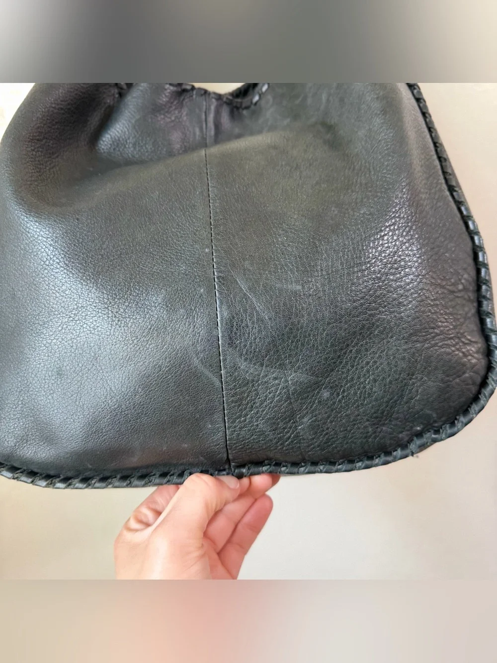 Margot NY Black Pebble Leather Slouchy Hobo Bag Braided Whipstitch Boho Tote